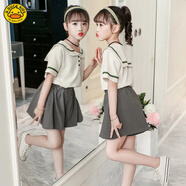 G.DUCKKIDS小黃鴨25新款女童夏裝套裝中大童運(yùn)動(dòng)裝夏季兩件套中小學(xué)生運(yùn)動(dòng)裝 杏色 學(xué)院褲套裝8021 110 cm