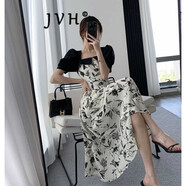 JVH香港潮牌法式碎花連衣裙女 2025夏季新款方領(lǐng)收腰顯瘦泡泡袖長裙 復(fù)古碎花色 XL