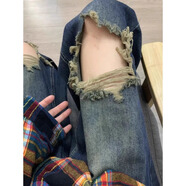 S.SOFEA美式乞丐破洞牛仔褲顯瘦闊腿拖地褲廣州十三行 藍色長褲 -高品質(zhì) XL 建議126-140斤