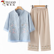 啄木鳥(niǎo)（TUCANO）母親節媽媽夏裝套裝2025新款中老年女裝棉麻刺繡小衫短袖上衣兩件 淺藍色上衣+富貴繡花褲 XL 建議90-105斤