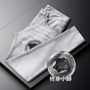 美杜莎瓦薩琪歐洲站印花亮片牛仔褲男彈力修身小腳褲男裝潮牌潮流美人頭 淺灰色 28