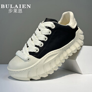 步萊恩（BULAIEN）2025夏季新款男鞋真皮小眾板鞋日系設計師款增高厚底休閑鞋老爹鞋 黑色 38 皮鞋碼