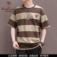 西域駱駝（VANCAMEL）潮牌條紋短袖t恤男士休閑寬松重磅半袖圓領上衣夏季韓版潮流體恤 深棕色 條紋短袖 M