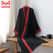 貓人（MiiOW）漢元素純棉家居服夏季薄款中國風(fēng)漢服禪服古風(fēng)睡袍道服開(kāi)衫睡衣 普通長(cháng)度黑色 通領(lǐng)縐布拼色長(cháng)袍 M 體重140斤以下