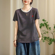 榮西圖（RONGXITU）2025夏季新品日系森女復(fù)古條紋寬松刺繡圓領(lǐng)短袖恤女套頭衫百搭 黑色條紋 M