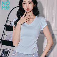 NOME正肩V領(lǐng)短袖t恤女夏季新款褶皺齊腰修身半袖 藍(lán)色  2XL 