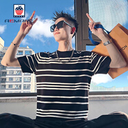 AEMAPE短袖T恤男夏季針織潮牌條紋夏裝衣服新款潮流休閑時(shí)尚半袖體恤薄 黑色主圖款 M 建議120斤內