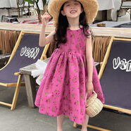 HUALIN FASHION夏碎花公主裙玫紅無袖連衣裙寶寶田園禮服裙 玫紅色 棉面料 均碼 100