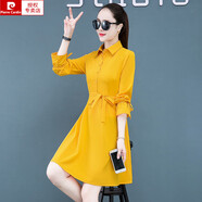 皮爾卡丹（pierre cardin）連衣裙女2025春夏新款女裝韓版時尚修身長袖中長款氣質(zhì)紅色襯衫裙 黃色 2XL 【建議117-126斤】