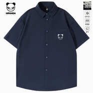 HI PANDA你好熊貓涼感抗皺日系小眾翻領(lǐng)短袖襯衫2025夏季新款開衫防曬外套 【涼感防曬】-藏青#Logo厚板亮面 2XL