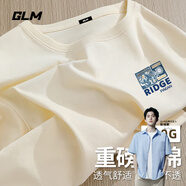 GLM敖瑞鵬代言短袖t恤男休閑日系夏季純棉圓領(lǐng)青少年潮牌落肩袖T恤 【純棉】淺米#GL山山水水X M