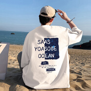 朗翱LANGAO短袖t恤男純棉夏季衣服美式復古重磅寬松半袖潮流ins男生打底衫 白色 --高品質有垂感 L 建議110-130斤