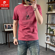 皮爾卡丹（pierre cardin）冰絲棉麻男士短袖t恤夏季創(chuàng  )意字母貼布印花刺繡油款涼爽半袖t青年 紅色 【高品質(zhì)麻棉體恤】 M 【90-115斤】