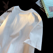 花花公子（PLAYBOY）白色港式圓領純棉短袖t恤男士2025新款夏季青少年潮牌高街感上衣 純白色 L 96-115斤