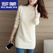 羅蒙（ROMON）高檔羊毛衫包芯紗秋冬新款韓版女毛衣中長(zhǎng)款打底針織衫純色半高領(lǐng) 米白 M