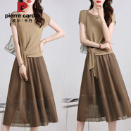 皮爾卡丹兩件套連衣裙女夏季2025新款感御姐收腰顯瘦高端歐根紗套裝裙 駝配咖啡 M (建議90-105斤 高品質(zhì))