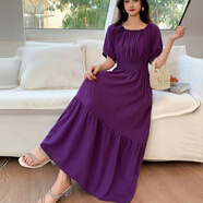 皮爾卡丹夏棉綢純色碎花裙波西米亞海邊度假連衣裙修身顯瘦一字領(lǐng)收腰長(cháng)裙 深紫 精美花朵款 3XL 建議131-140斤