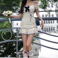 HUALIN FASHION甜欲風(fēng)修身魚尾裙連衣裙長(zhǎng)袖收腰甜美女短裙子蝴蝶結(jié)初戀公主仙女 短袖杏色【不含蝴蝶結(jié)/有內(nèi)里布 S
