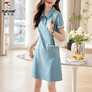 啄木鳥(niǎo)棉質(zhì)短袖翻領(lǐng)正肩連衣裙女韓版休閑2025夏季新款氣質(zhì)顯瘦POLO裙 霧霾藍 M 【建議80斤-95斤】