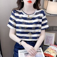 登森奧奧短袖t恤女2025夏季新款條紋印花寬松顯瘦半袖圓領(lǐng)上衣打底衫 藍白條紋 XL 建議115-130斤