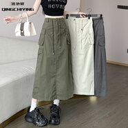 清池影（QINGCHIYING）美式復古工裝半身裙2025夏季新款高腰開(kāi)叉抽繩a字顯瘦軍綠色裙子 主圖色 M 95斤-105斤