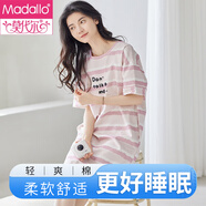 莫代爾2025新款條紋睡裙女夏季純棉短袖薄款中長款印花夏裙家居服睡裙 1216 L (165) 【建議100-120斤穿】
