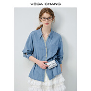 VEGA CHANG牛仔襯衫女2026春新款設計感拼接蕾絲花邊休閑上衣外套 牛仔版（長(cháng)袖） L