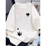 燦圖純棉短袖t恤女夏季新款寬松潮流五分半袖貓爪印花高級感小眾上衣 白灰色 M 【建議80-100斤】