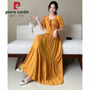 皮爾卡丹（PIERRE CARDIN）甜美長(zhǎng)裙法式復(fù)古茶歇裙方領(lǐng)長(zhǎng)款連衣裙高腰棉綢波點(diǎn)沙灘裙旅游度 黃色 2XL