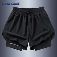 NASA GOOD運(yùn)動(dòng)速干短褲男士夏季潮流假兩件薄款透氣彈力寬松五分褲子 黑XL