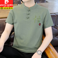 皮爾卡丹（pierre cardin）2025新款夏季立領(lǐng)短袖t恤男士中式國風(fēng)冰絲半截袖衣服唐裝體恤衫 T6512綠色【短袖】 薄款 XL (約120~135斤可穿)