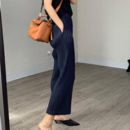 日本褶皺高腰休閑九分闊腿褲女夏季薄款簡(jiǎn)約百搭寬松舒適 藏藍色【9分褲】 2XL 90-125斤
