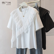 雪凡茜2025夏季新款荷葉邊短袖t恤女裝寬松大碼顯瘦休閑半袖棉上衣胖MM 白色 2XL 建議130-150斤