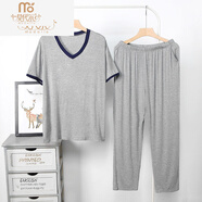 莫代爾睡衣男士套裝薄款短袖長(cháng)褲男裝簡(jiǎn)約純家居服夏天穿的款 男淺灰v領(lǐng)(藍領(lǐng)邊) 4XL (170-210斤)