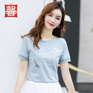 唐馨裳純棉短袖t恤女2025夏季新款潮流韓版寬松甜美蕾絲半袖上衣體恤女 淺藍色 M 【建議90-110斤】