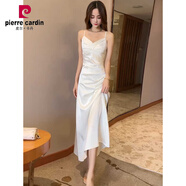 皮爾卡丹（pierre cardin）春秋小香風氣質v領連衣裙女2025新款高級感緞面禮服吊帶長裙 白色連衣裙 S