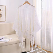 閑森馬印民族針織流蘇開(kāi)衫外鏤空百搭純色斗篷披肩裙子旅行蕾絲罩衫防曬衣 清新白 XL