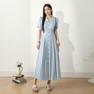藍語(yǔ)大碼女裝氣質(zhì)藍色襯衫領(lǐng)連衣裙夏季微胖mm顯瘦遮肚百褶a字裙 藍色 3XL