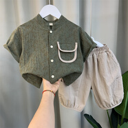 G·DUCK KIDS童裝男童夏裝套裝25新款寶寶夏季棉麻短袖衣服兒童網(wǎng)紅痞帥兩件套 綠色 貼布棉麻套裝 90