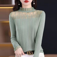 怡曼芙秋冬打底衫女新款蕾絲半高領(lǐng)針織衫女士網(wǎng)紗修身毛衣顯瘦外穿上衣 淺綠色 均碼 -建議90-140斤