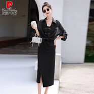 皮爾卡丹（pierre cardin）國風(fēng)復(fù)古兩件套裝2024夏季新款女襯衫歐根紗薄外套褶皺吊帶連衣 黑色 M