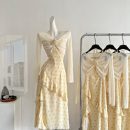 COLORFUL GEMS碎花開(kāi)叉不規則吊帶連衣裙女秋季新款荷葉邊裙子裝 兩件套 L