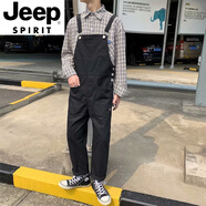 JEEP SPIRIT春夏潮流休閑工裝吊帶褲男生港風(fēng)百搭連體褲子寬松大口袋背帶褲 黑色 260 純色吊帶褲 M