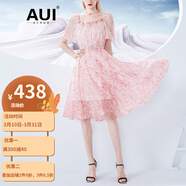 AUI雪紡連衣裙女2024夏季新款法式氣質(zhì)方領(lǐng)名媛減齡碎花裙子 粉色 S