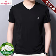 夢(mèng)特嬌（MONTAGUT）桑蠶絲短袖t恤男士V領(lǐng)休閑純色免燙體恤衫 黑色[V領(lǐng)] 均碼 165/M[建議100-120斤]