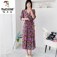 啄木鳥(niǎo)（TUCANO）棉綢連衣裙女夏季新款V領(lǐng)收腰顯瘦半袖沙灘裙氣質(zhì)人造棉碎花長(cháng)裙 玫紅色 L 小號（建議90斤-135斤）