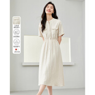 梵希蔓休閑通勤連衣裙女2025夏季工裝風(fēng)收腰顯瘦圓領(lǐng)裙子 淺卡其色  M