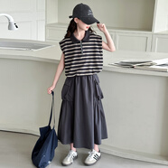 俠客小龜女童條紋半身裙套裝夏季2025新款時尚兒童夏裝洋氣時髦女大童裙子 條紋套裝 140