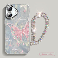 威愷 適用蘋果16plus手機(jī)殼iPhone16plus保護(hù)套鏡頭全包防摔網(wǎng)紅高端創(chuàng)意殼閃粉鏡羽紗粉色蝴蝶+手鏈