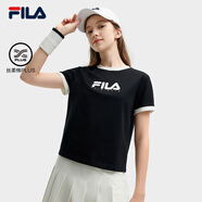 FILA斐樂(lè )女裝t恤短袖女子針織短袖衫休閑撞色純棉T恤潮流辣妹LOGO上衣 正黑色-BK L 170/88A/L